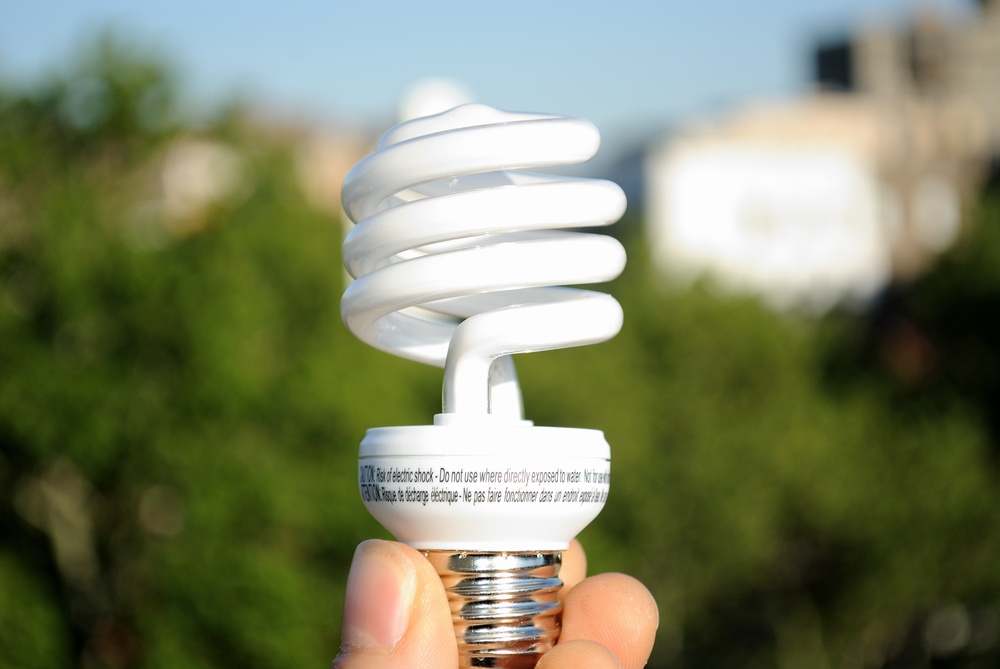 A hand holding an energy efficient light bulb against the backdrop of an urban park.